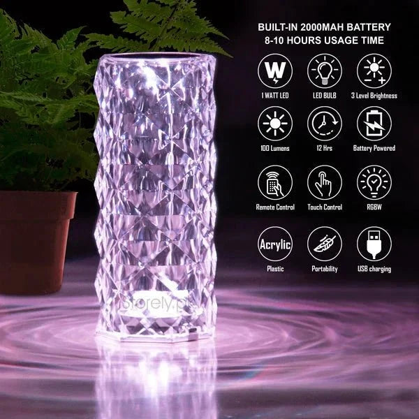 Rose Crystal LED Table Lamp – 16 Colors, Touch & Remote Control - ZEEBLENDZ.PK
